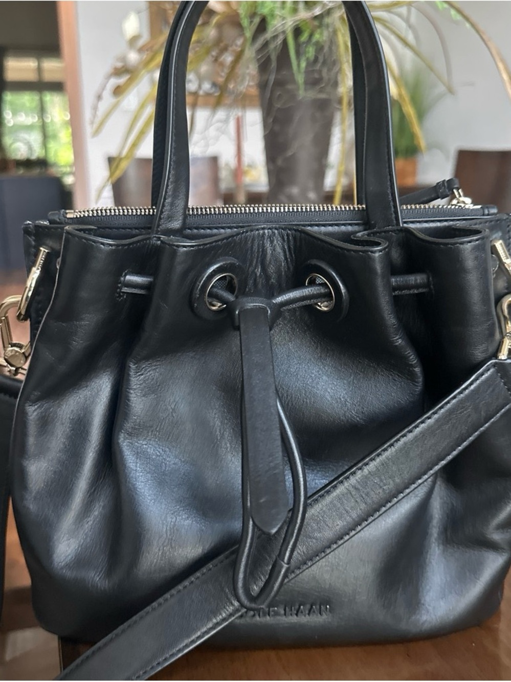 Cole Haan Black Leather Drawstring Crossbody Satchel